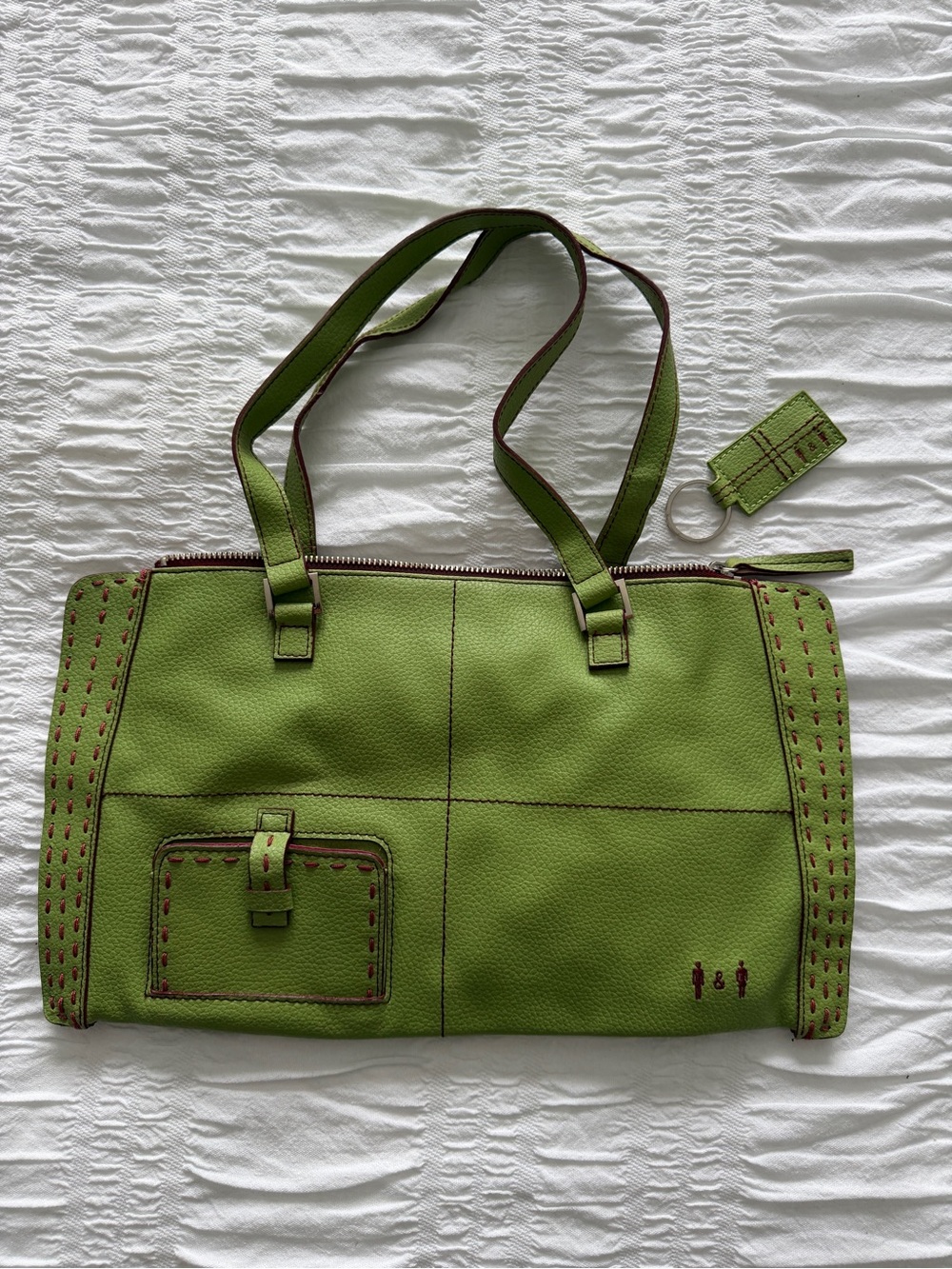 Via Vegan Lime Green Faux Leather Shoulder Bag Purse with Pink Stitching Detail